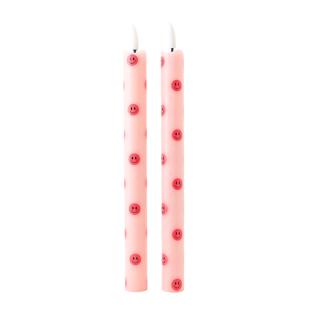 LED Pillar Candle Smiley Pink - Set of 2