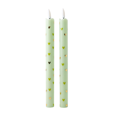 LED Pillar Candle Hearts Green RC - Set of 2