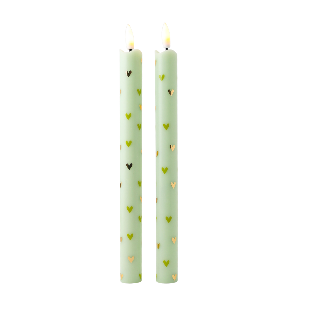 LED Pillar Candle Hearts Green - Set of 2