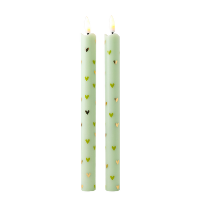 LED Pillar Candle Hearts Green RC - Set of 2