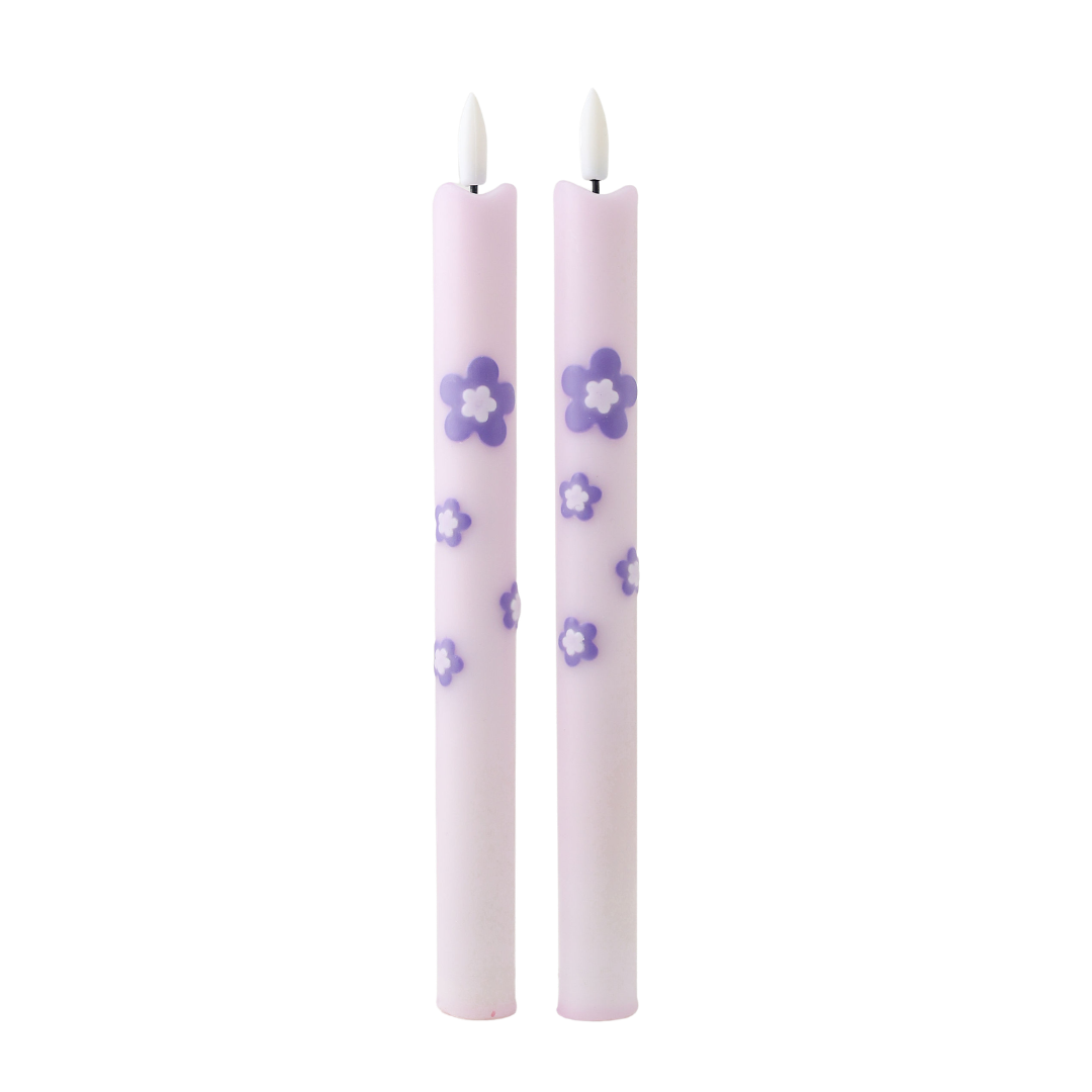 LED Pillar Candle Retro Flower Lilac - Set of 2