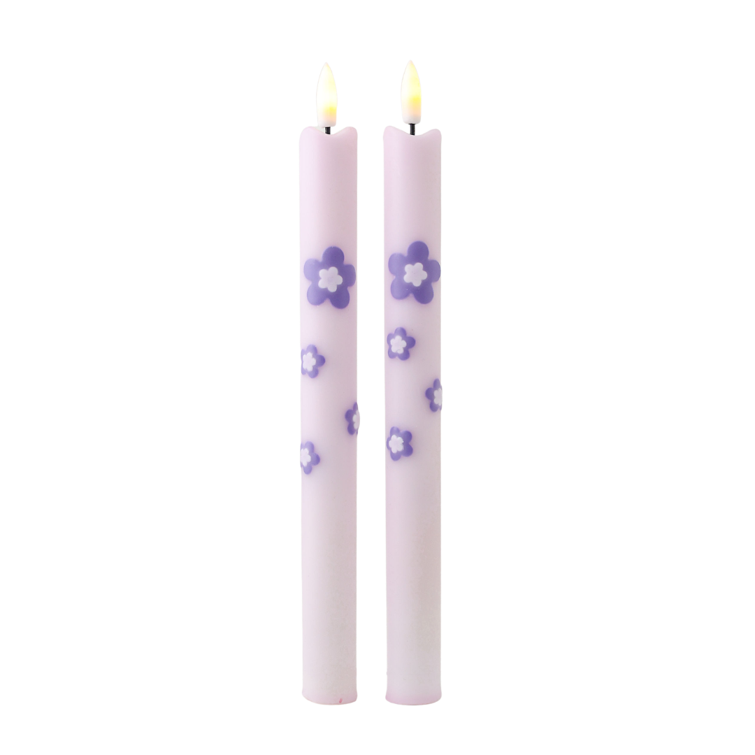 LED Pillar Candle Retro Flower Lilac - Set of 2