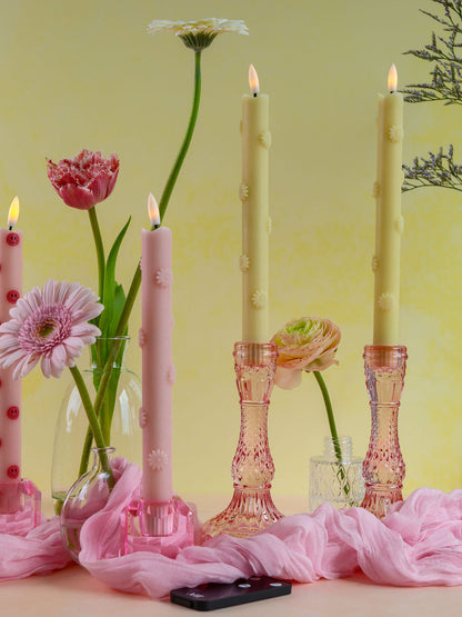 LED Pillar Candle 3D Floral Pink RC - Set of 2